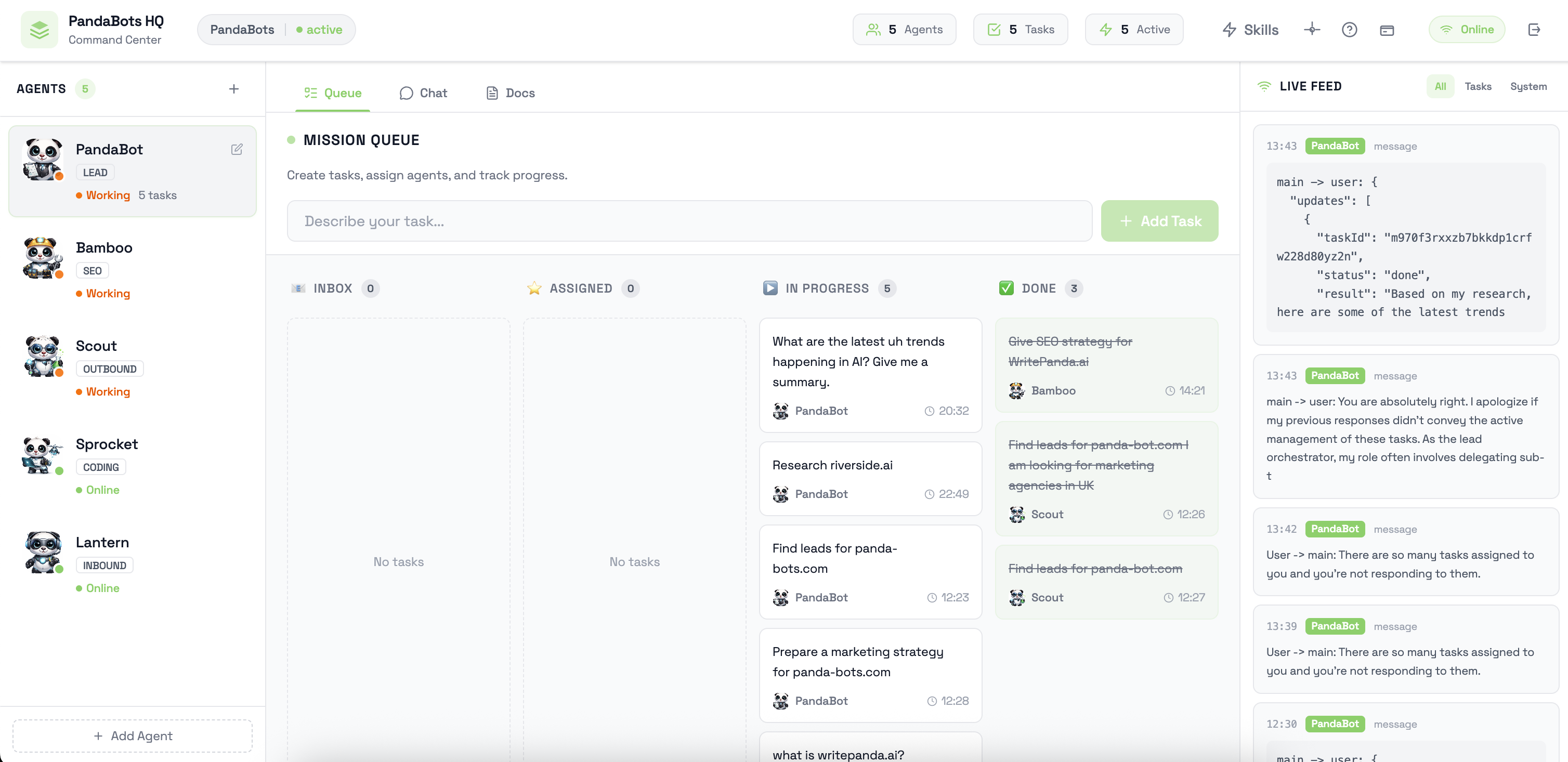 PandaBots HQ Dashboard - Agent Office showing task queue and live feed